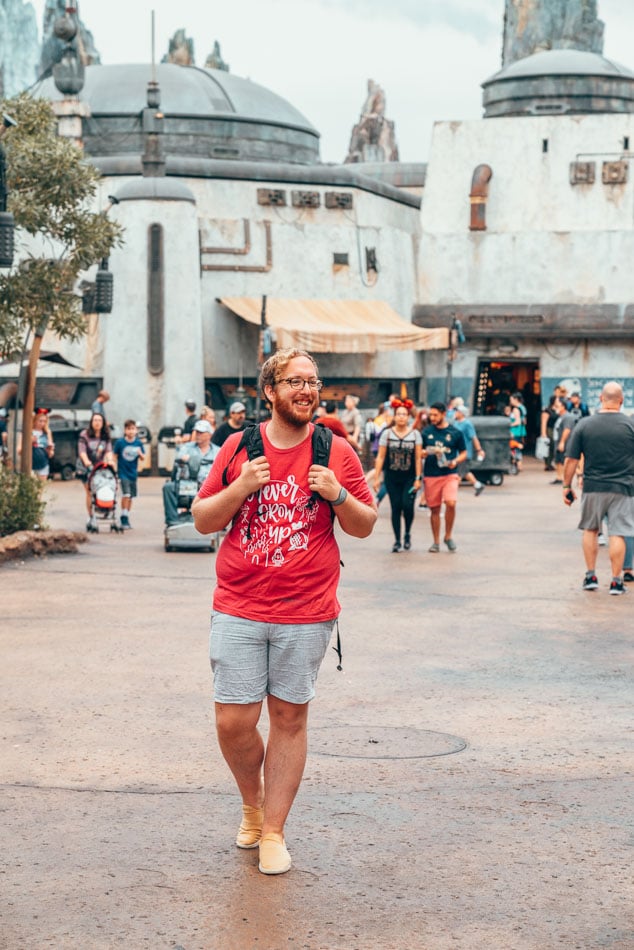 Jeremy in a Disney shirt in Galaxy's Edge, Disney World, Florida.
