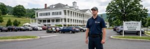 Security officer in a parking lot with a large white historic building behind