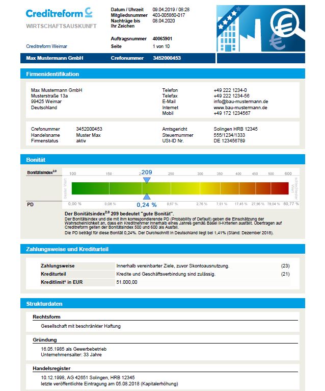 Screenshot der ersten Seite einer positiven Creditreform-Auskunft