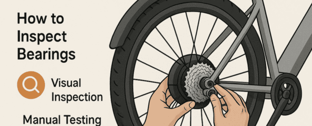 Hands inspecting electric bike hub bearings with visual inspection and manual testing steps.
