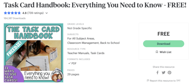Free task card handbook resource on Teachers Pay Teachers