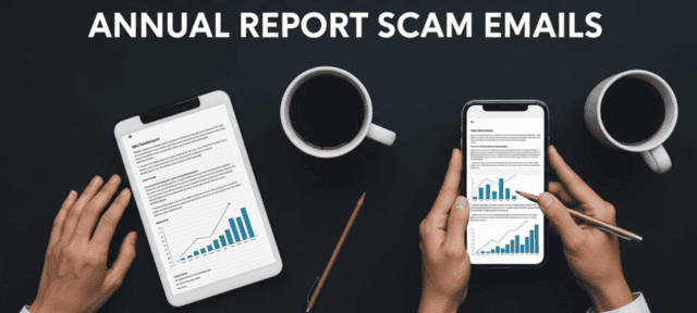 Annual report scam: Hands holding devices showing charts and text.
