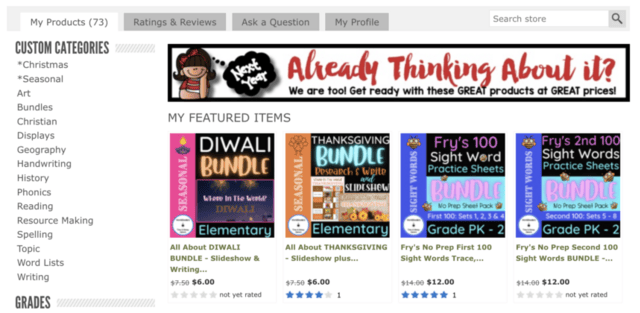 Featured products and custom categories on a TPT store page