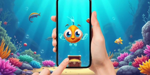 A hand holds a smartphone showing a cartoon fish with big eyes; the phone screen aligns with an underwater scene featuring colorful coral, fish, and a treasure chest.