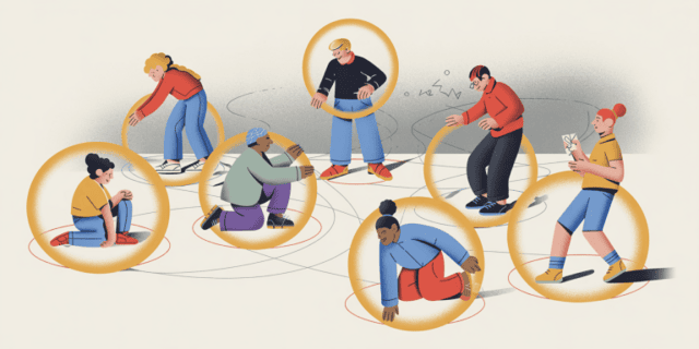 Illustration of seven people isolated in glowing circles, each engaged in separate activities like playing mobile games, symbolizing social distancing. Thin lines connect the circles, hinting at the Power of Play to maintain minimal connection.