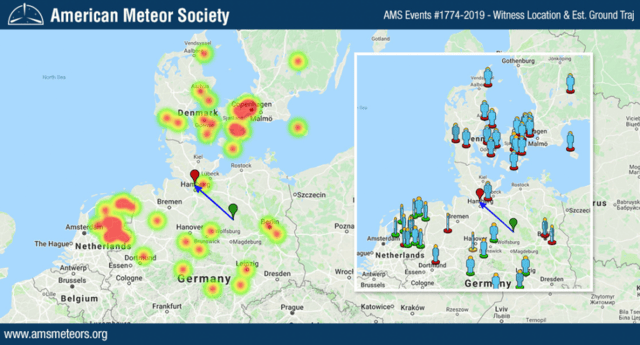AMS Event #1774-2019 – Witness location and estimated ground trajectory