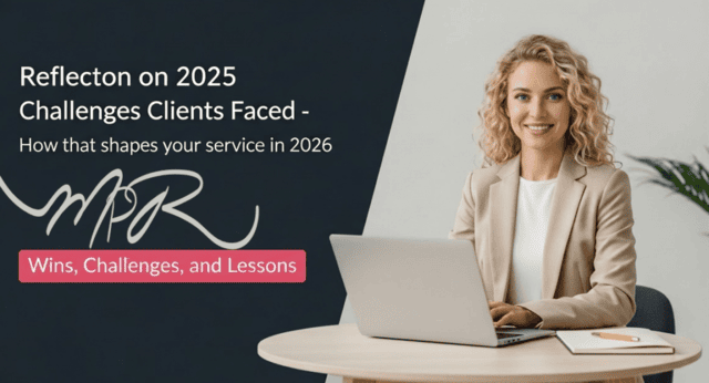 Professional woman with laptop; challenges faced in 2025 and service in 2026.