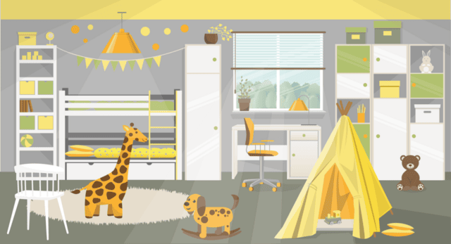 Tidy, organised child's bedroom with clearly defined storage