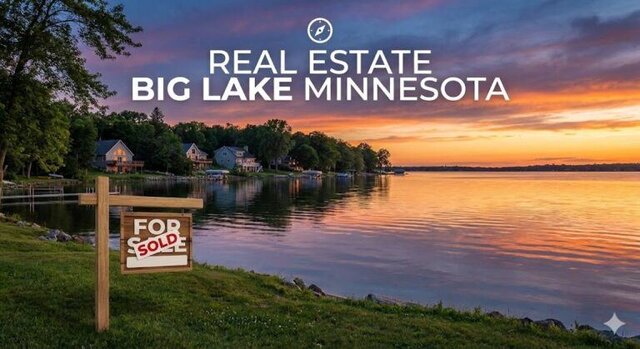 A sunset view over Big Lake, Minnesota, with a wooden "FOR SALE" sign and a red "SOLD" rider in the foreground. Text overlay reads "REAL ESTATE BIG LAKE MINNESOTA" with a compass icon. Several homes are visible on the tree-lined shore.