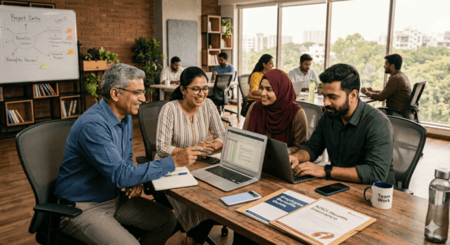 Startup team in India collaborating at an office table