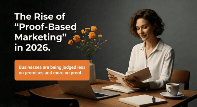 Proof-based marketing concept: Woman reading near laptop, coffee, and flowers.