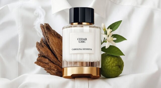 Carolina Herrera Cedar Chic fragrance, a woody floral Eau de Parfum featuring cedarwood, orange blossom, bergamot, and white musk.