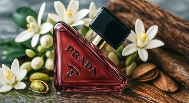 Prada Paradoxe Radical Essence Parfum 2025 bottle surrounded by neroli flowers, orange blossoms, salted pistachios, and sandalwood