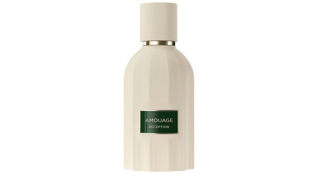 Amouage Reception fragrance inspired by coffee, lemon, pine, pink pepper, frankincense, patchouli, cedarwood, vanilla, cypriol, and musk, evoking the warmth and depth of connection