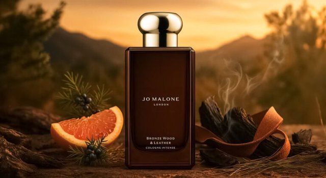 Jo Malone Bronze Wood & Leather Cologne Intense fragrance inspired by smoky woods, supple leather, vetiver, juniper, and fresh grapefruit