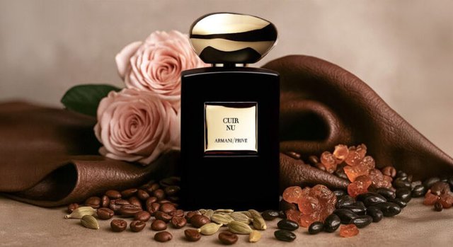 Armani Privé Cuir Nu fragrance inspired by Venetian leather artistry, blue cardamom, Arabica espresso, Damask rose, nappa leather, amber, labdanum, and toasted tonka bean