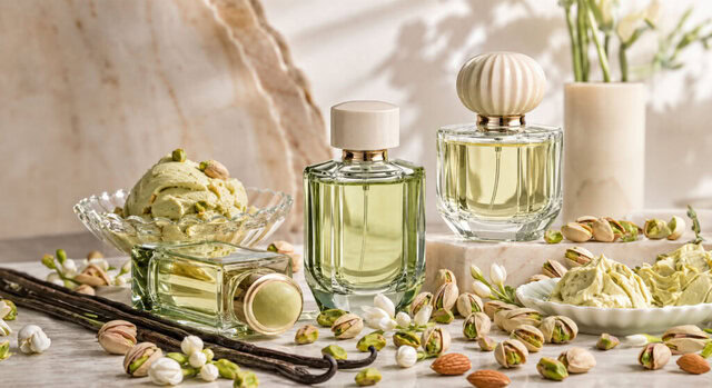 Pistachio perfumes with creamy gourmand fragrance notes, vanilla, almond, salted caramel, sandalwood, and soft summer scent textures