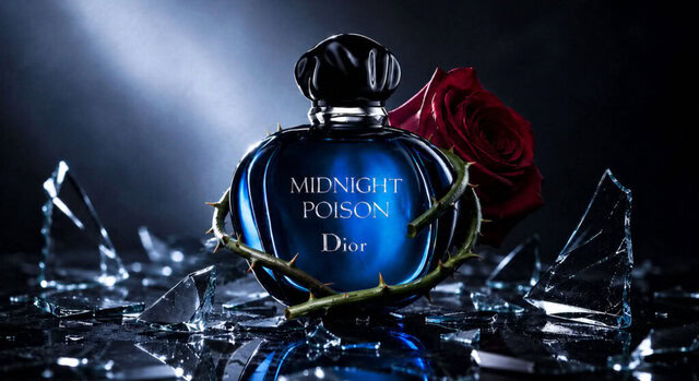 Dior Midnight Poison perfume bottle in deep sapphire blue glass with dark rose and chypre fragrance atmosphere