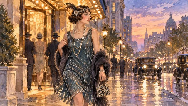 A flapper in a 1920s jazz club wearing a long pearl necklace and an evening dress.