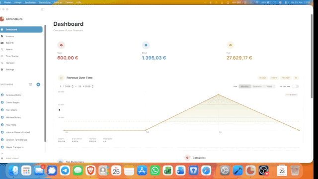 Animated overview of Chronokura Mac app showing dashboard with revenue tracking, open invoices, and client management