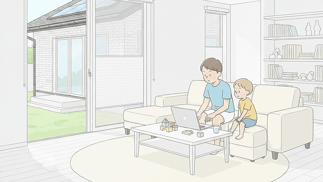 夏休みのリビングで、父親がテーブルのノートパソコンに向かって子どもの写真を整理していて、隣で子どもが画面をのぞき込んでいる。パソコンの画面は二人の方を向いていて、読者からはパソコンの背面が見える