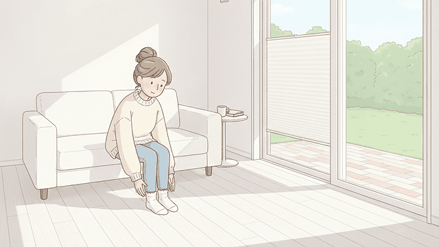 秋の朝、白い床のリビングで、靴下をはいてソファに座り、床に足をつけて床の冷たさを確かめている母親。母親の全身が見える
