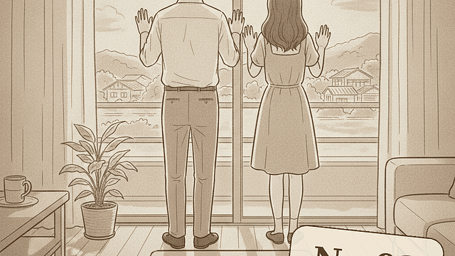 住宅展示場の明るいリビングで、大きな窓の前に並び、窓枠にそっと手を添えて外を眺める若い夫婦の後ろ姿。二人とも全身が見え、手は腕と体につながっている