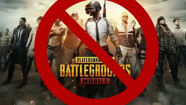 A group of characters from the game PUBG Mobile is shown in the background, with a large red prohibition symbol over them, indicating the game is banned or not allowed.