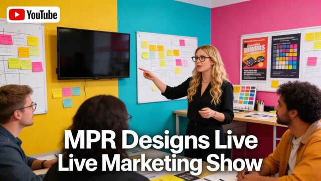MPR Designs team meeting for a live marketing show. Colorful office space.