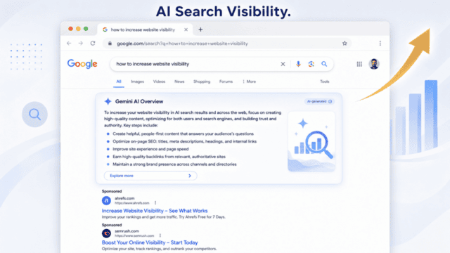 Google search results showing AI overview for "how to increase website visibility