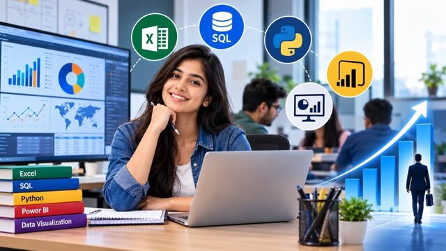 Student learning data analytics with Excel, SQL, Python, and Power BI in a modern classroom, preparing for high-paying data analytics careers through practical training in Pitampura
