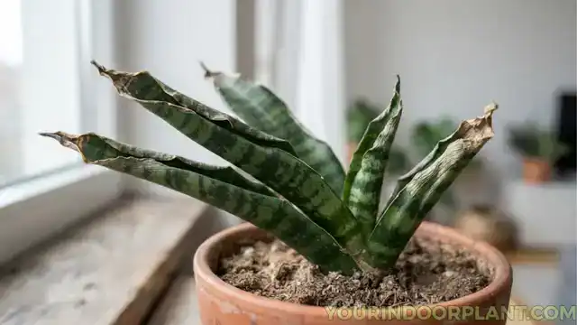 Close-up of snake plant leaves tightly curling inward with dry and wrinkled texture caused by underwatering