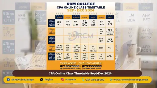 Sept Decemer 2024 CPA Timetable, RCM online college, CPA Online Class Timetable Sept-Dec 2024