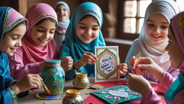 Children doing Islamic crafts for Rabi al-Awwal