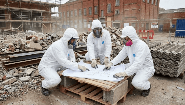 A professional asbestos surveyor in full protective gear taking a sample of insulation in an attic, illustrating the expertise available when you Contact Asbestos Removal Grantham.