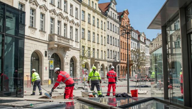 Reinigungsteam bei der gründlichen Baureinigung einer Berliner Baustelle, entfernt Bauschutt und säubert große Fenster vor Altbaufassaden.