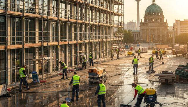 Reinigungsteam bei der Baureinigung eines modernen Neubaus in Berlin mit Baugerüsten und Berliner Wahrzeichen im Hintergrund.