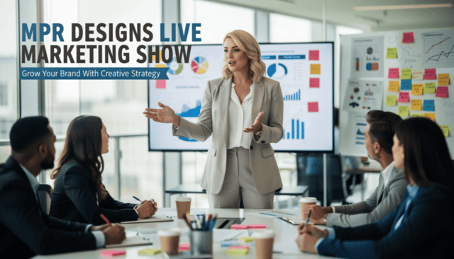 Marketing team meeting with MPR Designs Live Marketing Show presentation.