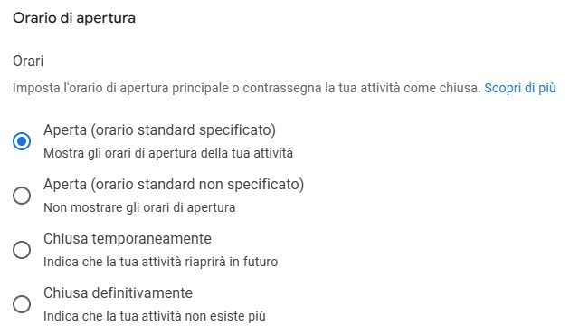 tipologie di orari di apertura attività su Gogle