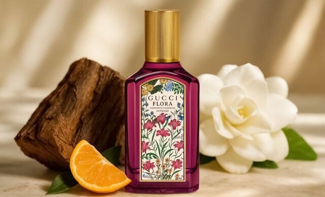 Gucci Flora Gorgeous Gardenia Intense Eau de Parfum in fuchsia Flora-patterned bottle