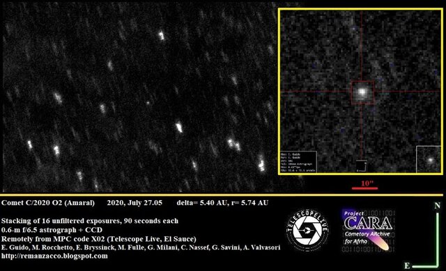 Cometa C/2020 O2 (Amaral) registrado a partir do Observatório El Sauce, no Chile - Créditos: Ernesto Guido