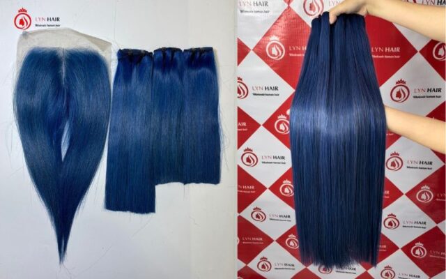Bone straight weave human hair blue color