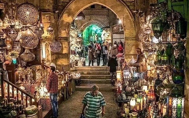 Traditional lanterns and crafts in a historic bazaar