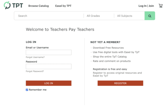 TPT homepage Log In or Join button
