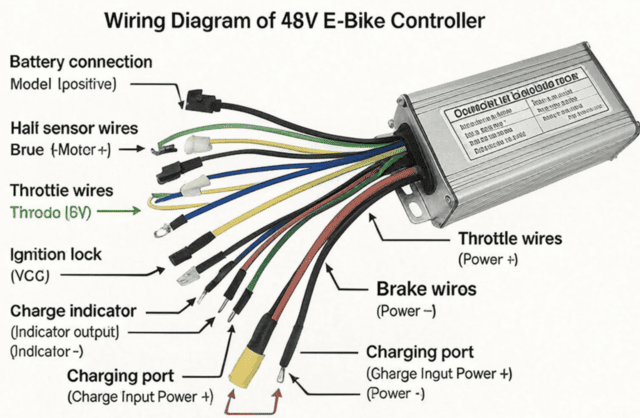 Wiring diagram of a 48V e-bike controller with labeled connections for battery, throttle, brake, ignition lock, and charging port.