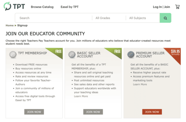 TPT seller account options: Basic and Premium