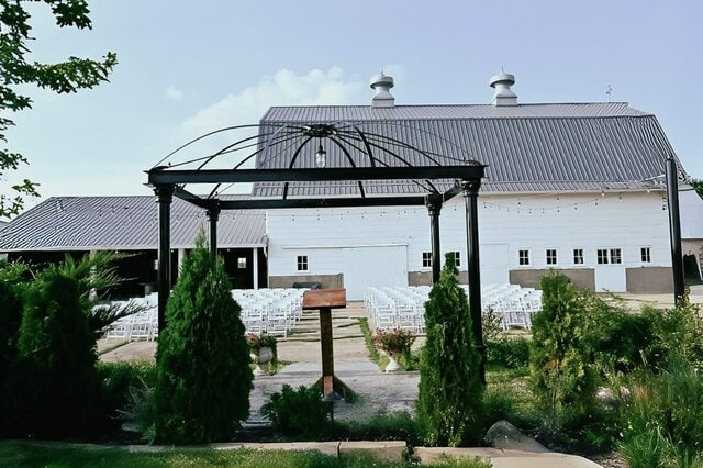 Wedding chairs and podium on patio