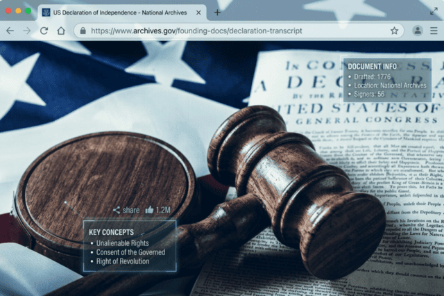 US Declaration of Independence document with gavel, key concepts: unalienable rights, consent of the governed, right of revolution.