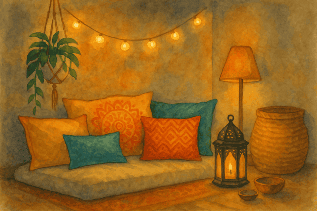 Barevné ručně vyšívané polštáře na pohodlné podložce, teplé osvětlení a dekorace ve stylu boho, ideální pro relaxaci nebo originální bytový dekor.