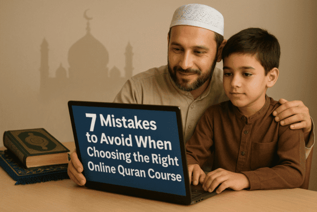 A thoughtful parent or student browsing online Quran courses on a laptop or tablet, with Islamic elements in the background (e.g., a Quran, prayer mat, or mosque silhouette).